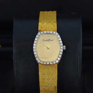 Bueche-Girod Vintage Ladies Tortoise Shaped, Textured Gold Dial, Diamond Bezel